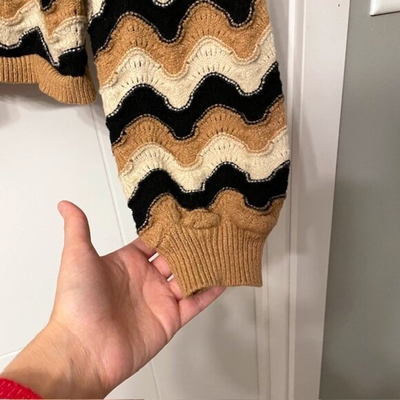 Lumiere Wavy Printed Chevron Knit Sweater Tan Cream Black Size Large - Picture 6 of 13